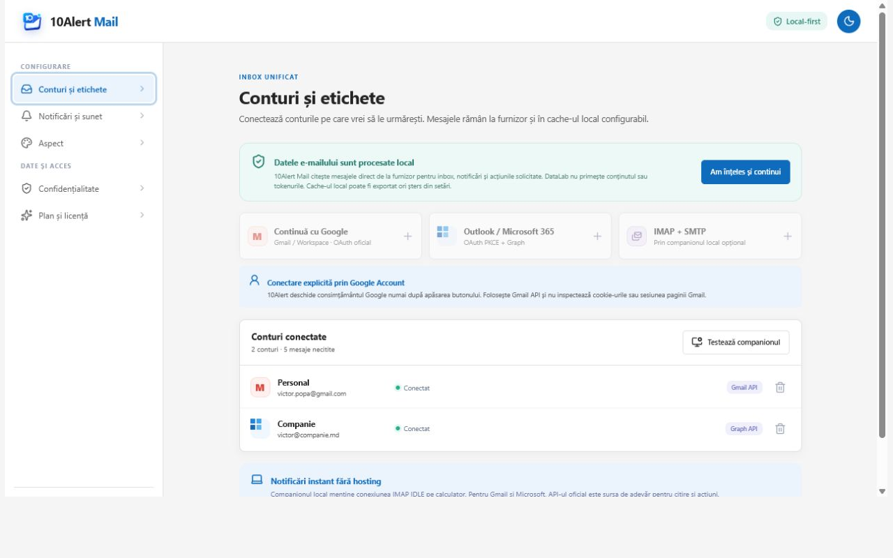 10Alert Mail settings with locally connected Gmail and Microsoft accounts