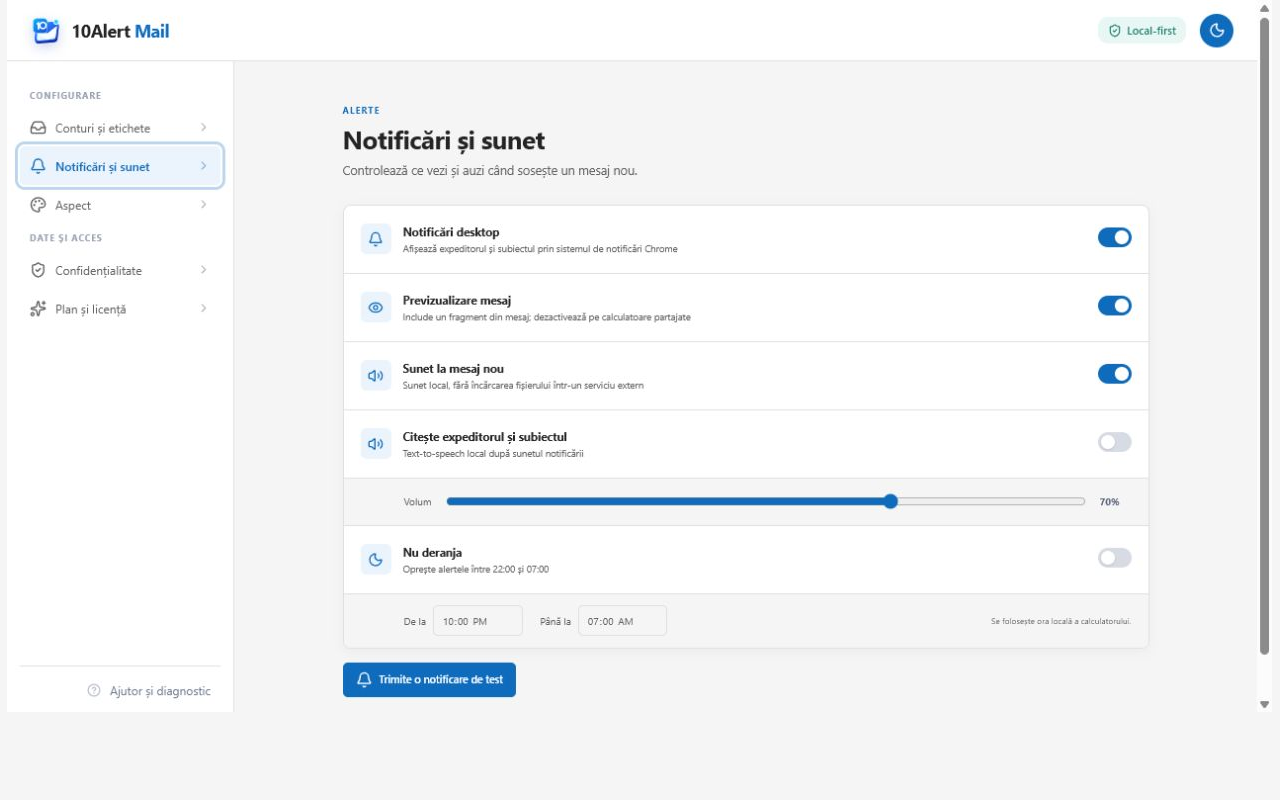 Notification and sound settings in 10Alert Mail